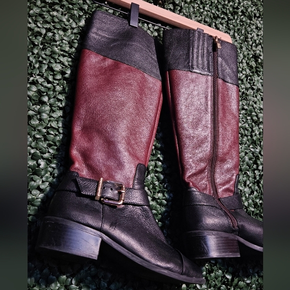 Black and Burgundy Leather Knee-High Boots - Picture 10 of 10